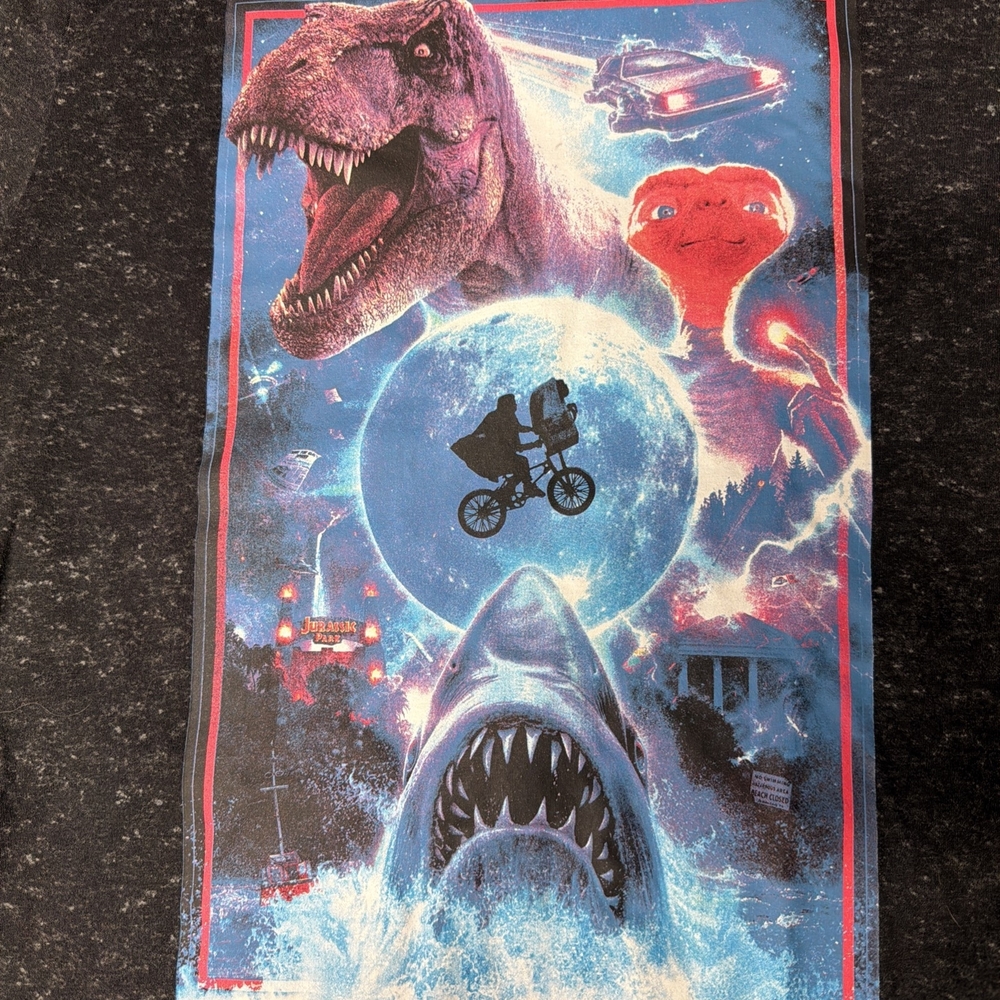 Universal Black Graphic Tee with Blue and Red Sci‑Fi Movie Collage